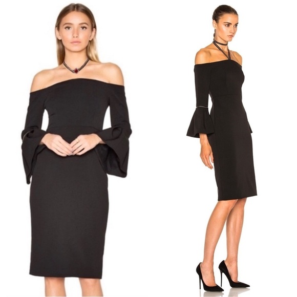 ALEXIS Off Shoulder Embroidered Trim Flared Bell Sleeve Crepe Sheath Dress XS - Picture 2 of 10